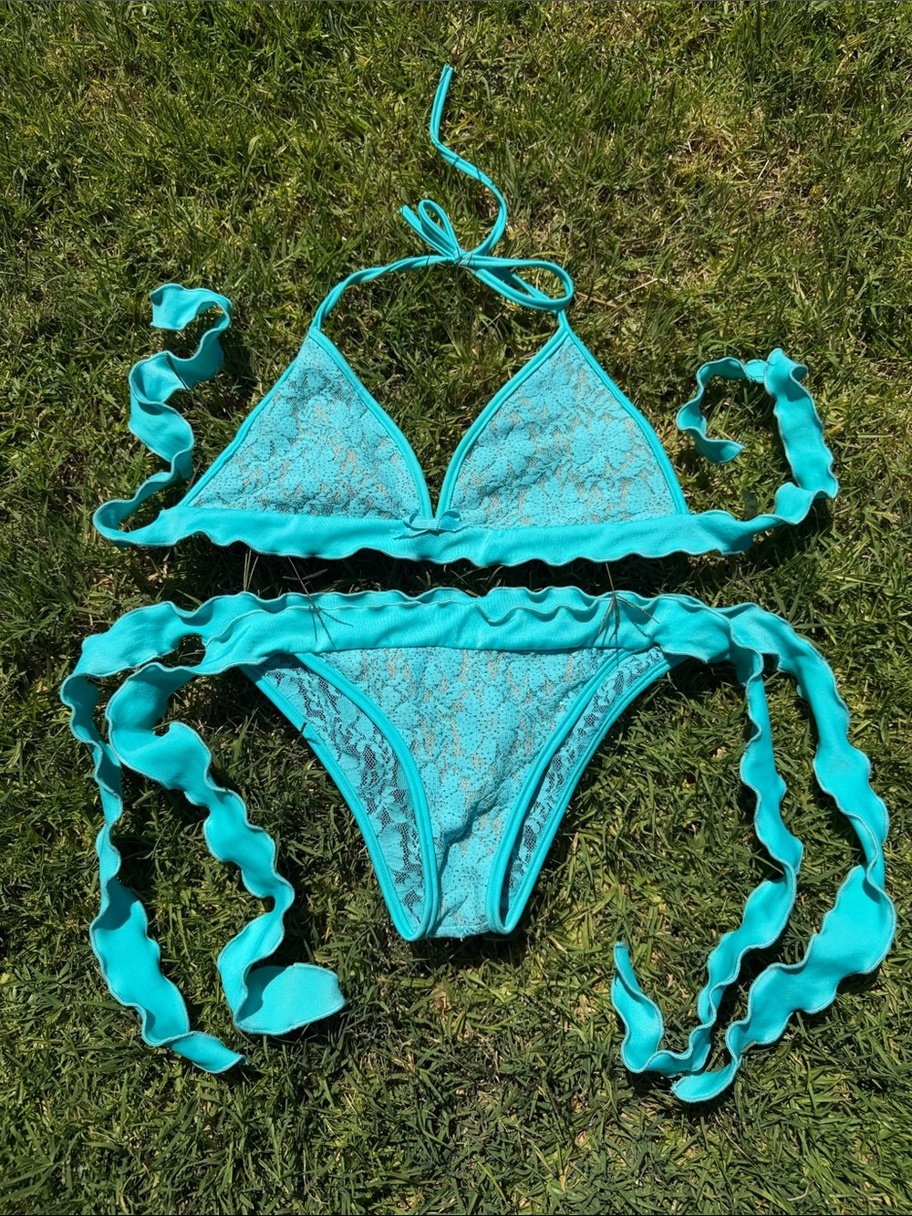 Turquoise Lace Ruffle Tie Bikini - Women
